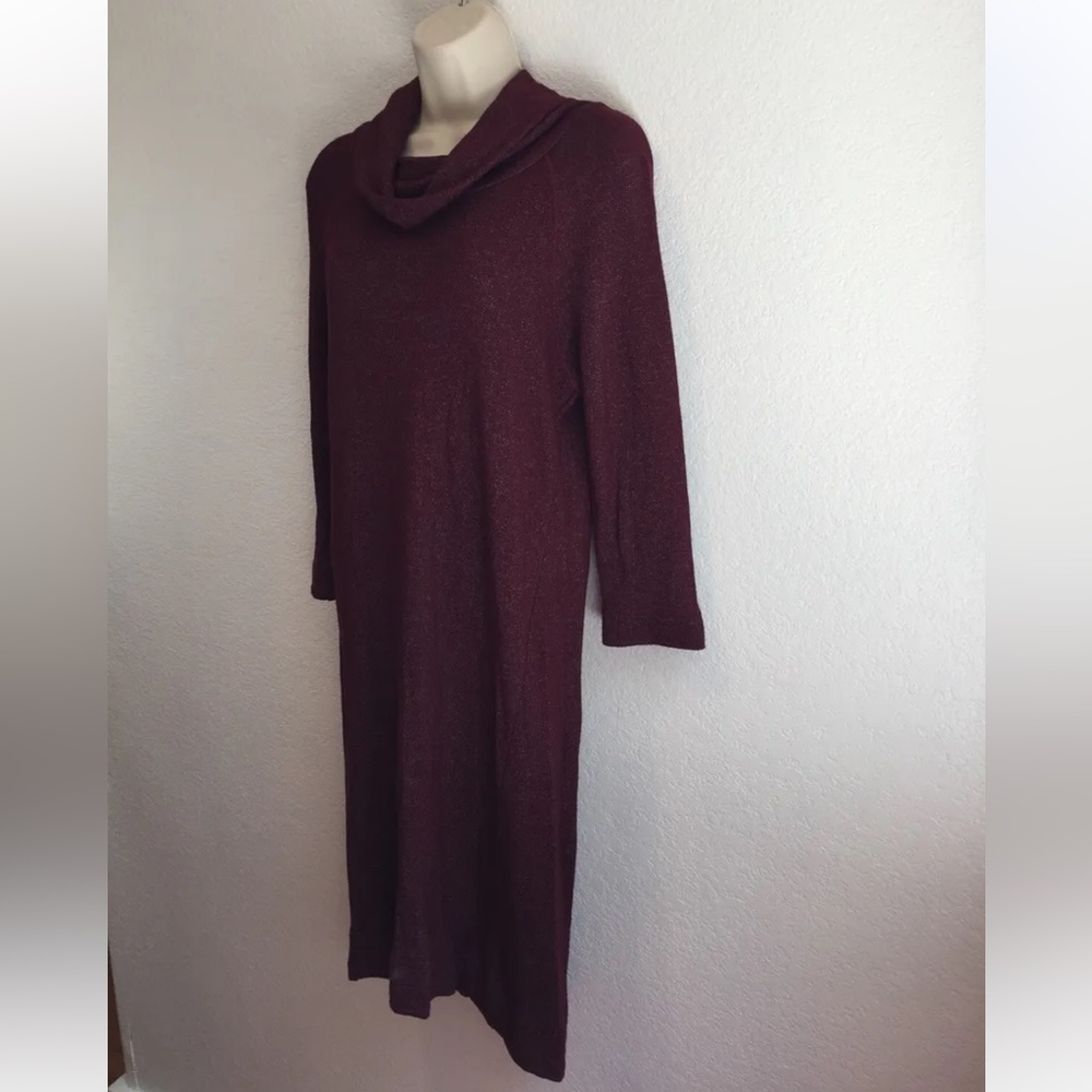 Evereve + Micheal Stars Women's M Burgundy Cowl Neck LS Midi Terry Sweater Dress - Picture 7 of 9